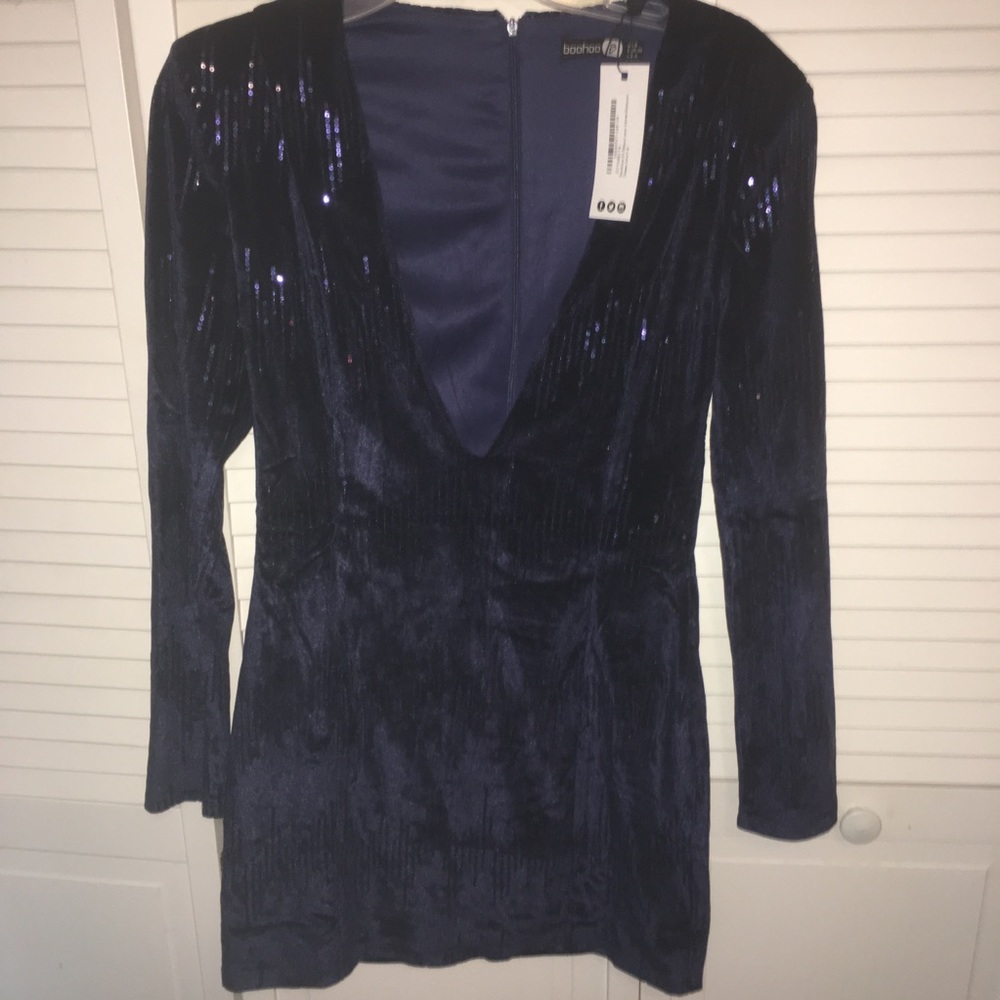 Navy blue sequin/velvet long sleeve dress